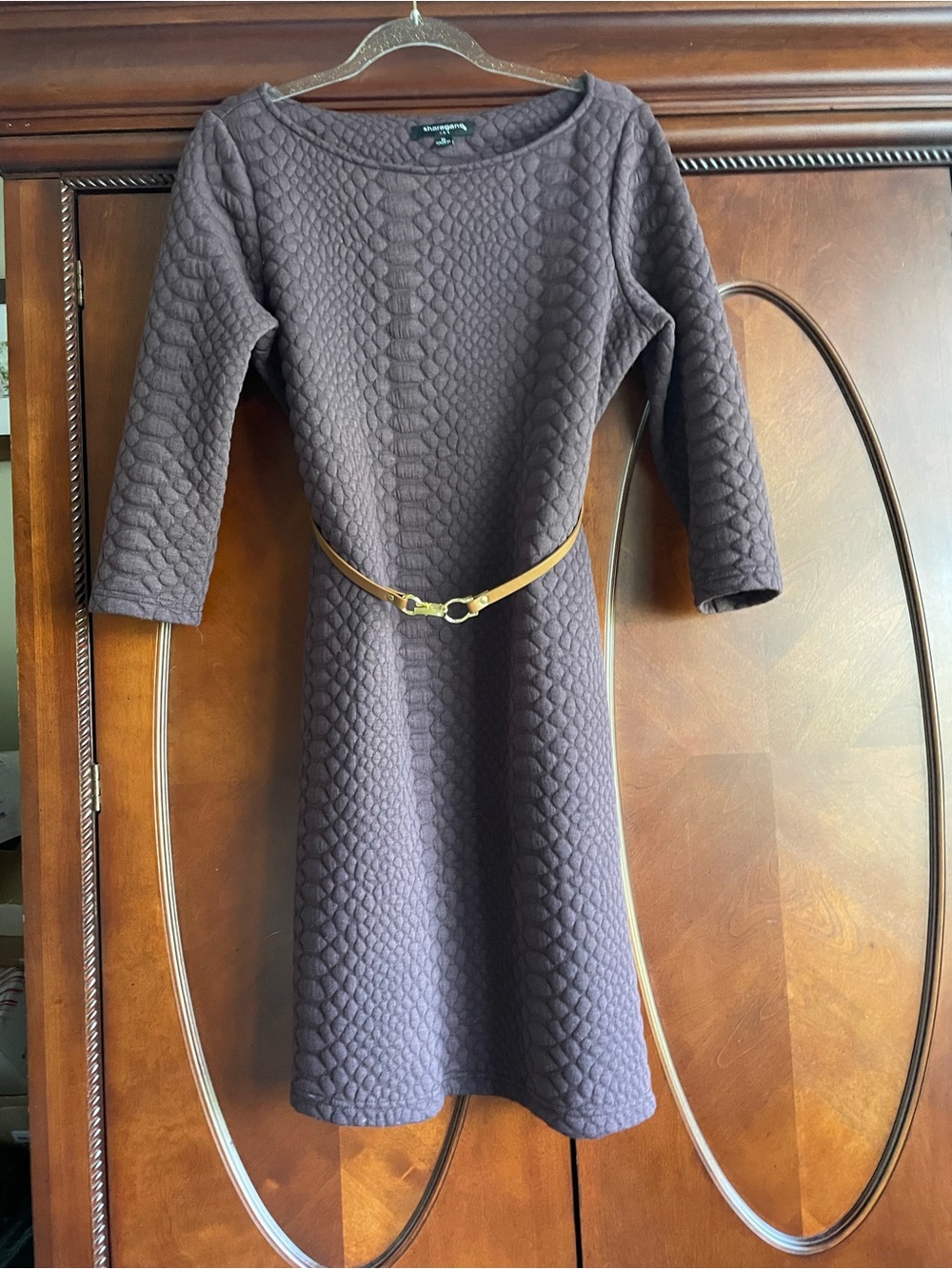 Quilted Brown Midi Dress with Tan Belt